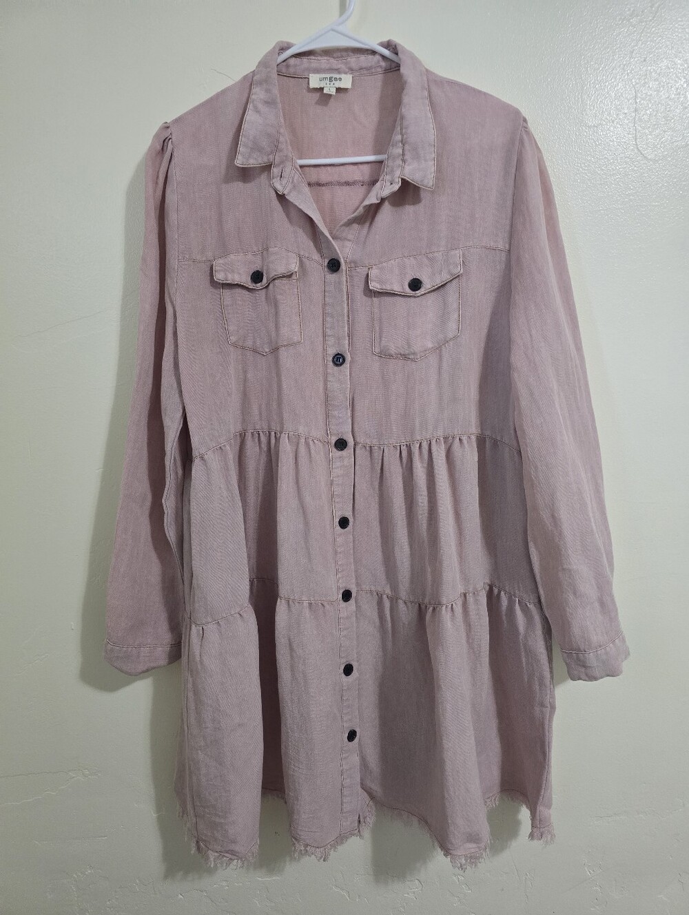 Umgee Dusty Light Pink Tiered Button Down Shirt Dress Long Sleeve Sz L